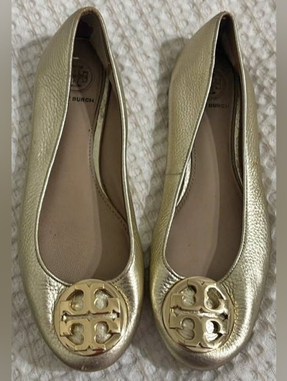 Tory Burch Gold Reva Leather Ballet Flats